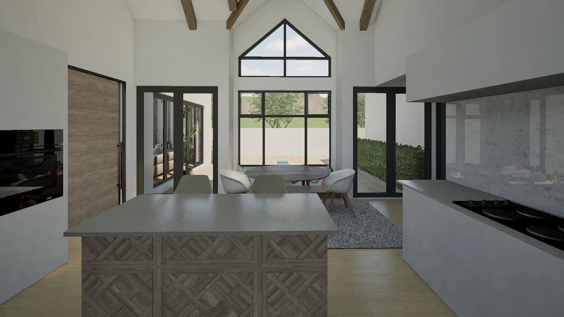 Architectural visualisation of a kitchen and dining interior with a gabled window